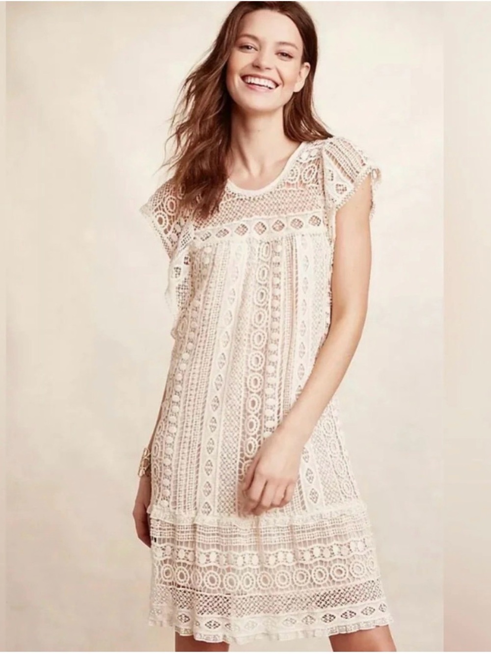 Maeve Anthropologie Crochet dress in sand/sable color Size large